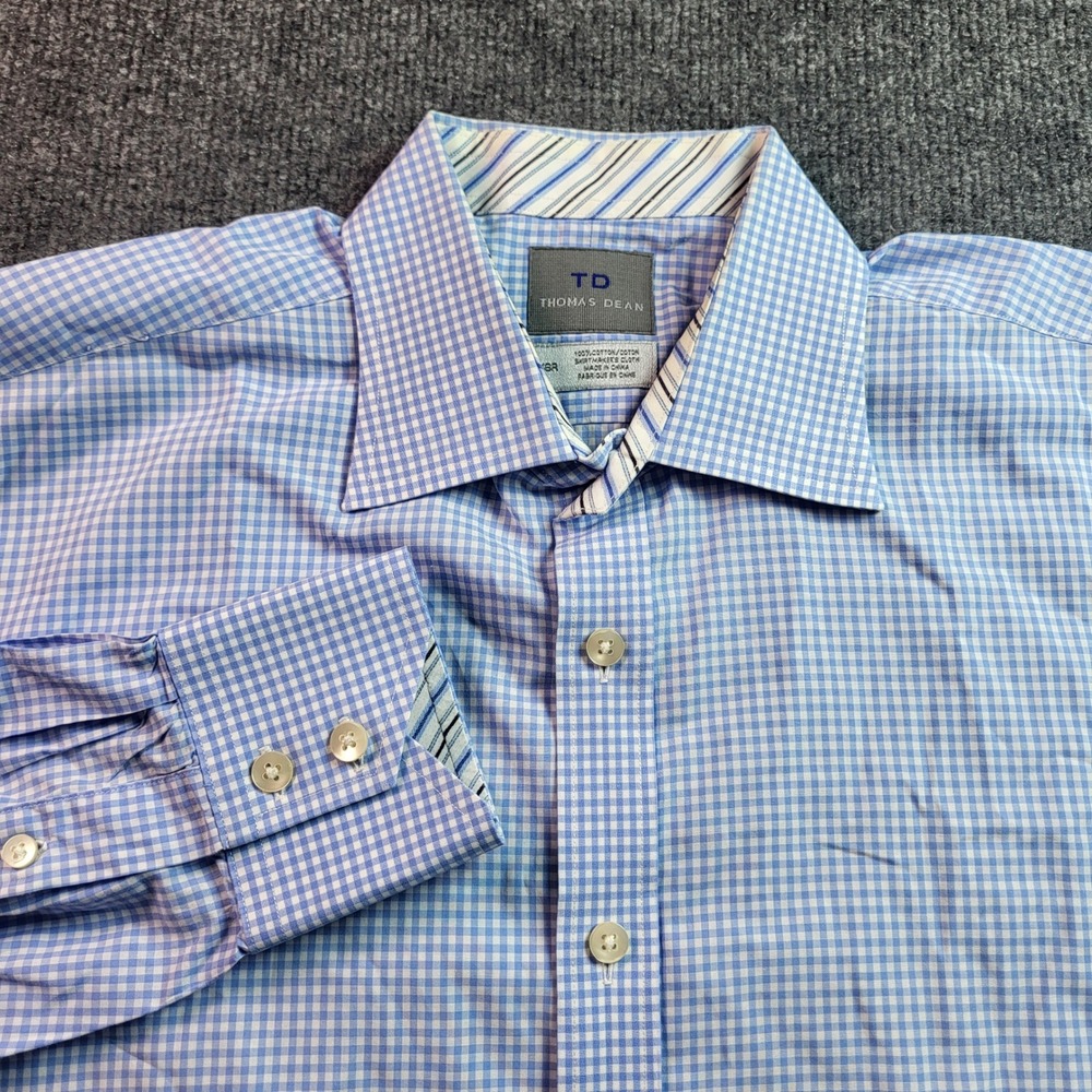Thomas Dean Mens 16R Blue Gingham Checkered Dress Shirt Long Sleeve